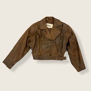 Brown cropped leather jacket w back zipper detail